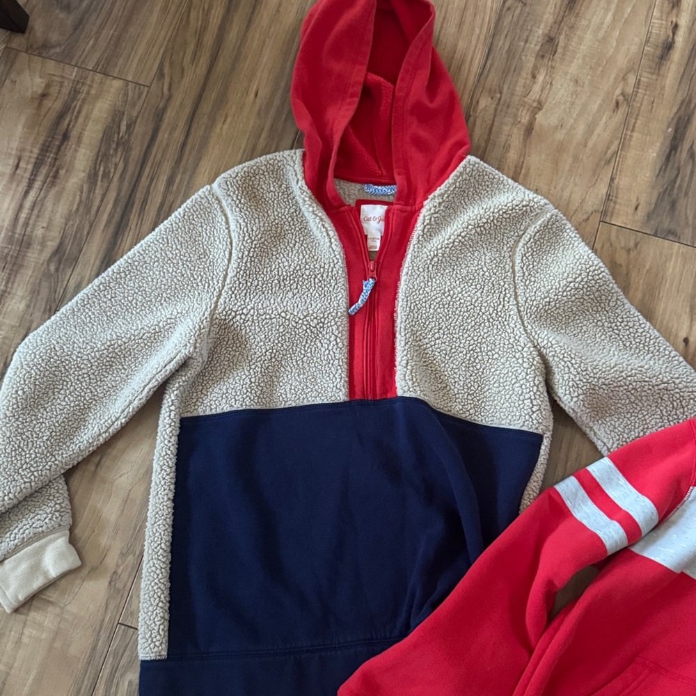 Bundle of TwoChampion Red Hooded Kids Sweatshirt with Cream & Navy Sherpa Jacket - Picture 2 of 5